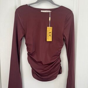 Chocolate boat neck long-sleeve ruched top from the Lizette Collection